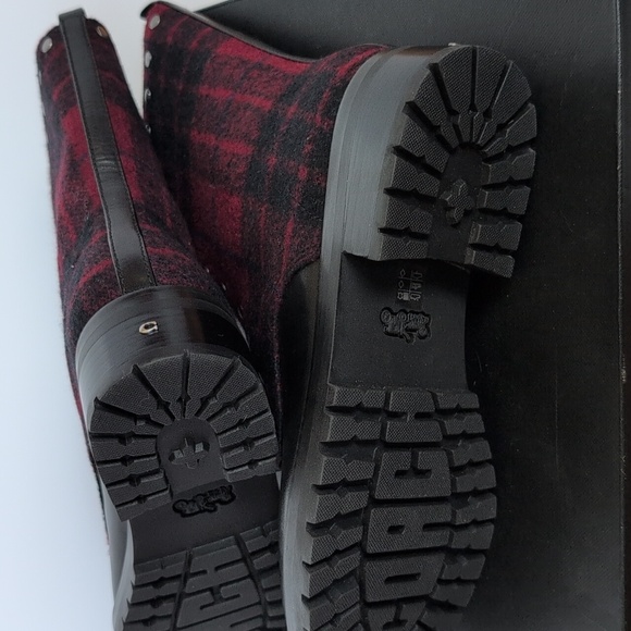 COACH Red Plaid & Leather Studded Combat Boot NIB 9 - Picture 10 of 11